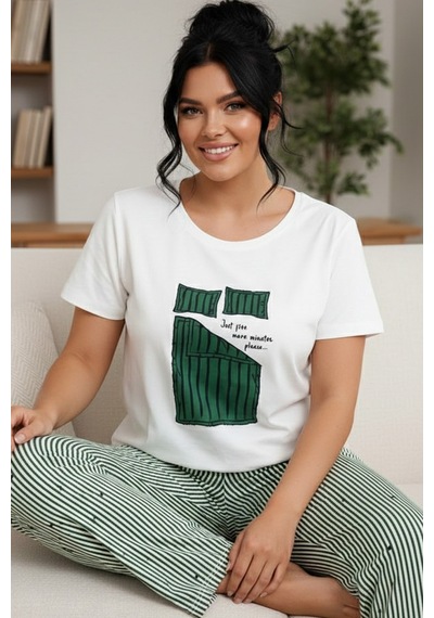 Siyah İnci Desenli Pamuklu Büyük Beden Battal Boy Örme Pijama Takım 26113860 Ekru