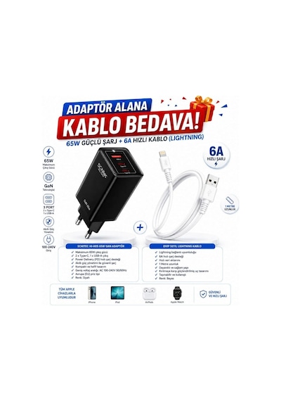 Gan 65w Ultra Hızlı Şarj Cihazı 3 Çıkışlı Hızlı Şarj Aleti Başlığı Ve 67w Usba To Lightning Data Ve Hız