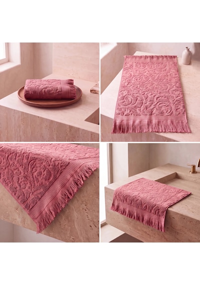 Botti Home %100 Pamuk Jakarlı El Ve Yüz Havlusu Seti 50 X 90 Cm Çeyizlik Saçaklı Havlu Pembe