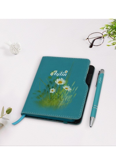Kişiye Özel Papatya Temalı Turkuaz Termo Deri Defter Kalem Seti-1 N11.4155