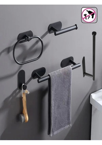 Kendinden Yapışkanlı Banyo Seti 5 Li Mat Siyah Mat Siyah