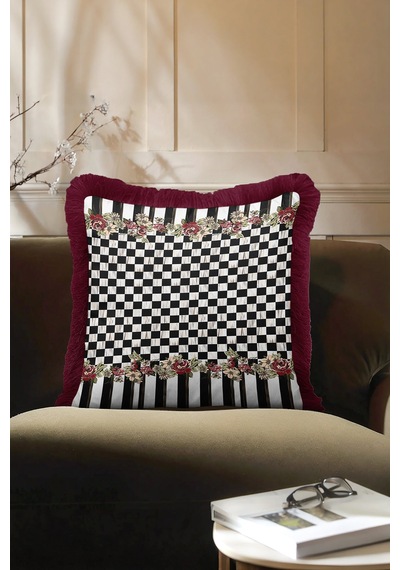 Luxe Ekose Çiçekli Saçaklı Yastık Kılıfı - Çizgili Romantik Vintage Bordo Püsküllü Kırlent Kılıfı Toprak Fırtına Mavisi Luxe Ekose Çiçekli Saçaklı Yastık Kılıfı - Çizgili Romantik Vintage Bordo Püsküllü Kırlent Kılıfı Toprak Fırtına Mavisi