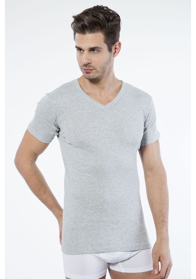 Siyah İnci Pamuklu V Yaka Kısa Kol T-shirt Gri