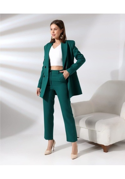 Tane Tasarım Kadın Kruvaze Blazer Ceket Pamuklu Atlak Kumaş Pantolon Takım Elbise Koyu Yeşil Koyu Yeşil