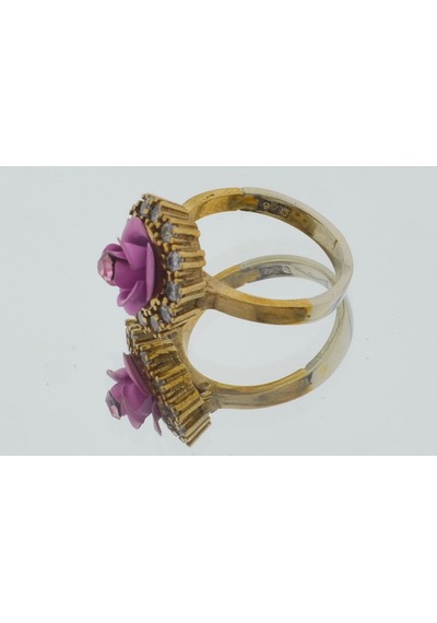 El İşçiliği Pembe Gül Detaylı Vintage Stil Gümüş Ve Bronz Yüzük Küpe Otantik Takı Seti Mod113 Gümüş