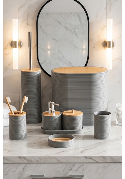 Porsima 4532 8 Parça Banyo Seti - Bambu Kapaklı Çöp Kovası, Sabunluk, Diş Fırçalığı Ve Wc Fırçası Gri Grı