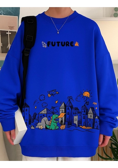 Benroma 3 İplik Penye Future Baskılı Unisex Sweatshırt Saks Mavisi