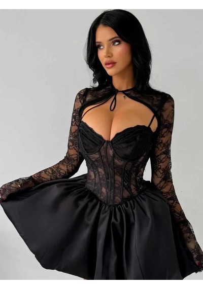 Havens Beauty Balon Etekli Dantel Elbise Siyah Havens Beauty Balon Etekli Dantel Elbise Siyah