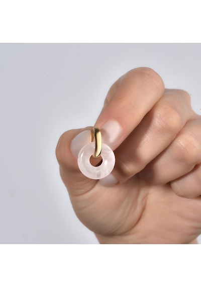 14 Ayar Altın Kaplama Gerçek Ve Doğal Donut Rose Quartz Taşlı Halka Küpe - Es00153 Altın