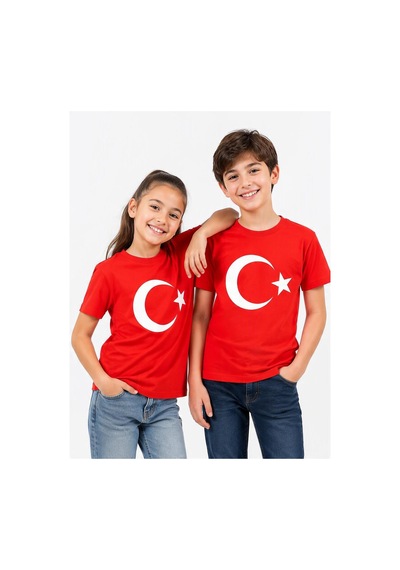 Alglıfe Unısex Çocuk Ay Yıldız Bayraklı Kısa Kol Tişört Kırmızı
