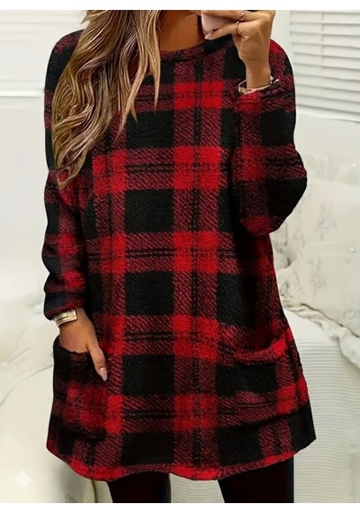 Veraura Lifestyle Kadın Uzun Kollu Yarı Balıkçı Yakalı Cep Detaylı Ekoseli Dokuma Tunik Kırmızı