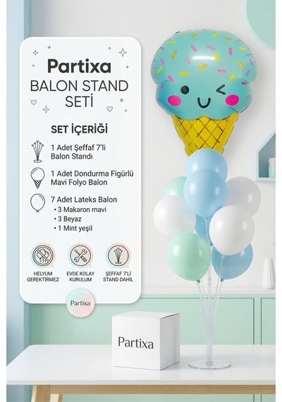 Dondurma Figürlü Mavi Balon Stand Seti Şeffaf 7 Li Stand + Dondurma Folyo Balon + 7 Lateks Balon