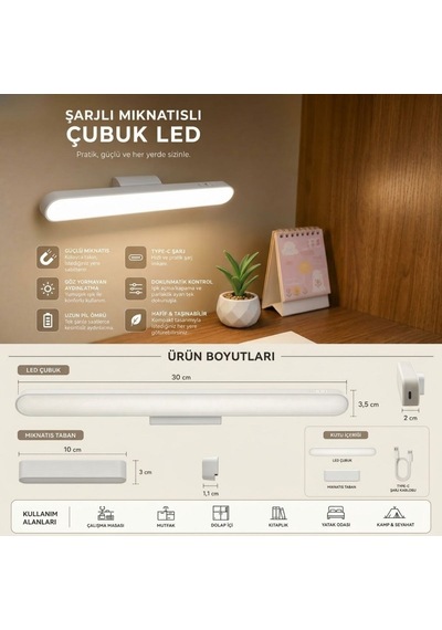 Şarjlı Manyetik Led Çubuk Lamba, Dokunmatik, 3 Modlu, Kablosuz Mutfak Dolap Altı Ve Dekoratif Aydınlatma Beyaz