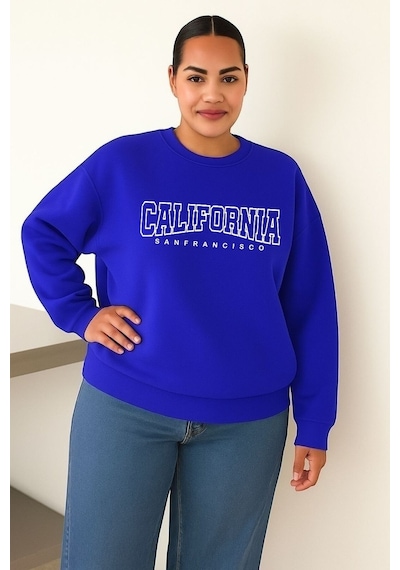 Benroma 3 İplik Penye Calıfornıa Baskılı Büyük Beden Unisex Sweatshırt Saks Mavisi