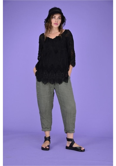 Bohem Stil Kadın Keten Havuç Pantolon-8603 Haki Yeşil Haki