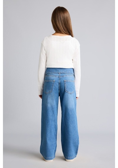 Defacto %100 Pamuk Kıvrık Bel Zımba Detaylı Wide Leg Jean Pantolon Kız Çocuk I5710a826aunm39 Mavi-nm39