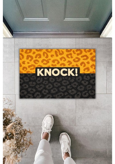 Rugmood Leopar Desenli Knock Yazılı Kapı Önü Paspası Kaymaz Tabanlı Modern Tasarım Siyah