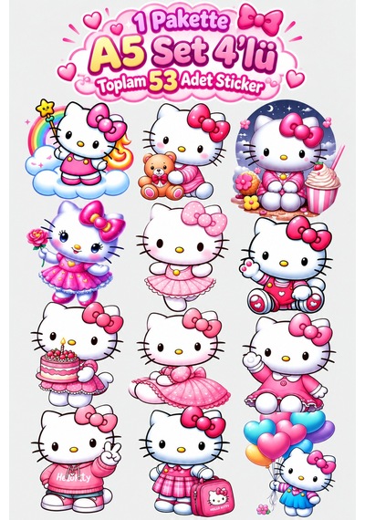 A5 4 Lü Hello Kitty Temalı Sticker Seti 53 Adet Çok Renkli
