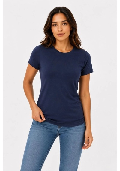 Kadın Basic Tişört Bisiklet Yaka Kısa Kol Günlük Yazlık Slim Fit T-shirt - Lacivert