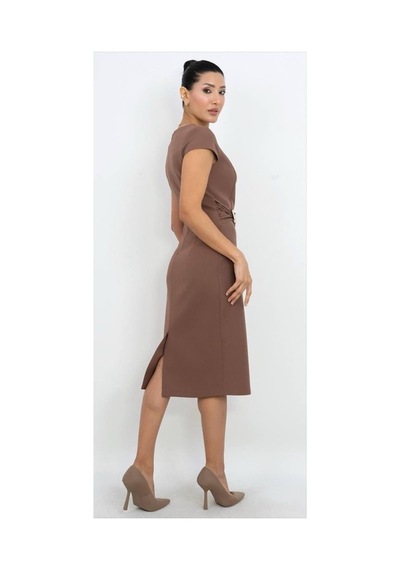 Dorne Moda Drapeli Bel Detaylı Midi Elbise Kahverengi Kahverengi