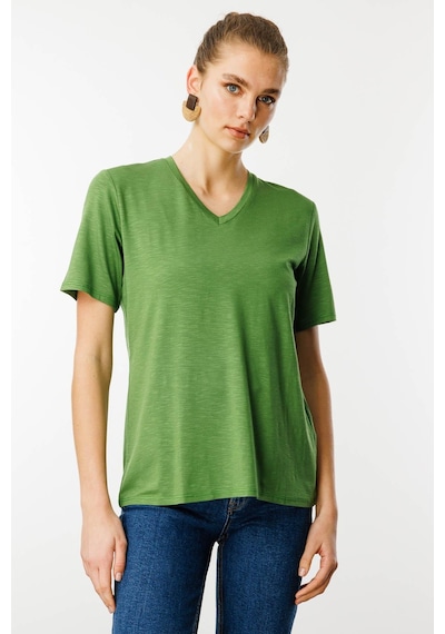 Kadın V Yaka Flamlı Kumaş Basic Tshirt A.yeşil Yeşil Kadın V Yaka Flamlı Kumaş Basic Tshirt A.yeşil Yeşil