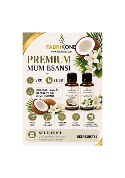 Premium Mum Esansı 5 Cc 2'li Set - Hindistan Cevizi, Yasemin - Soya Wax, Parafin, Jel Wax Ve Bal Mumu Uyumlu Bkfab2hcys5 Karışık