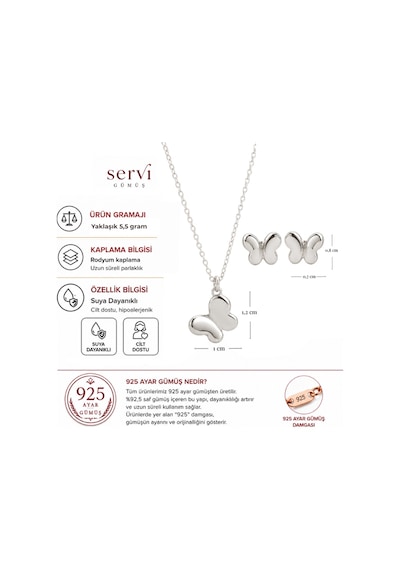 Servi 925 Ayar Gümüş Minimal Kelebek Kolye Ve Küpe Seti-392