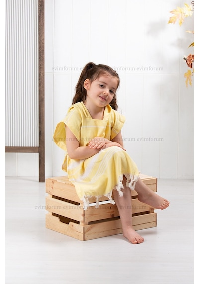 Çocuk 3-4 Yaş Bornoz Panço %100 Pamuk Plaj Havlusu Peştemal Sarı