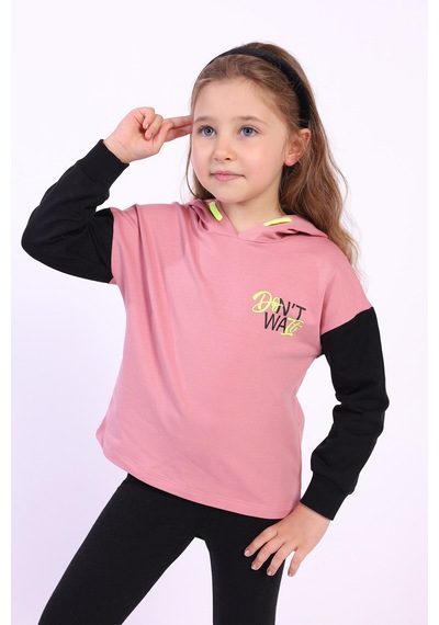Toontoy Kız Çocuk Kapüşonlu Blok Renkli Sweatshirt Gülkurusu