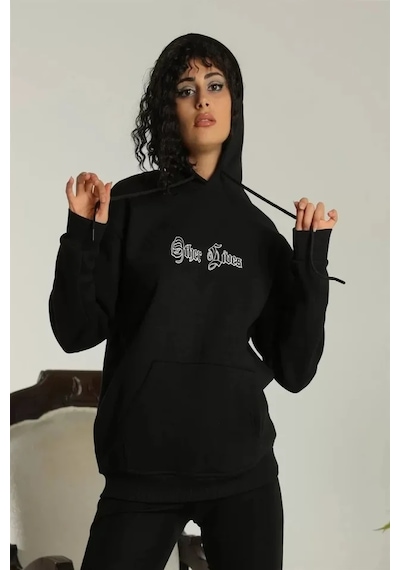 Etiler Collection Sırt Baskılı Oversize Üç İplik Kapüşonlu Sweatshirt - Siyah