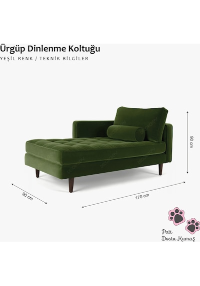 Ürgüp Yeşil Rahat Dinlenme Koltuğu Uzanma Koltuğu Josefin Koltuk Tekli Koltuk Kanepe - Sağ Kolçaklı Yeşil