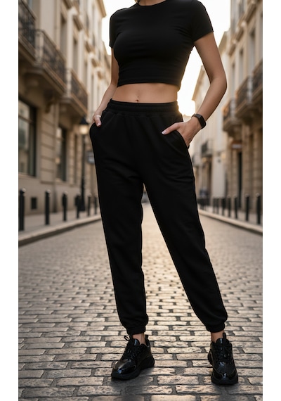 Kadın Siyah Yüksek Bel Jogger Eşofman Altın