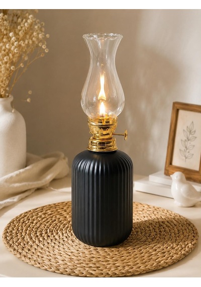 Dekoratif Gaz Lambası Kandil 300 Ml Seramik Hazneli 25cm Vintage Tasarım Siyah