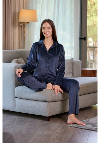 Estiva Kadın Önden Düğmeli Kadife Pijama Takımı Lacivert