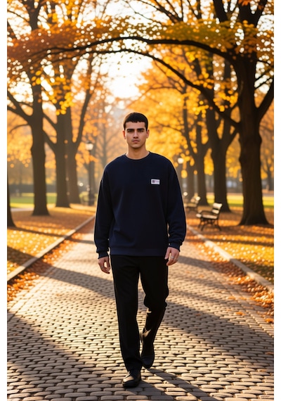 Benerly Erkek Bisiklet Yaka Düşük Kol Oversize Slogan Desenli Sweatshirt Lacivert