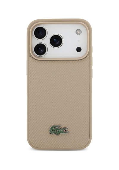Apple Uyumlu iPhone 17 Pro Kılıf Lacoste Lisanslı M-safeli Pu Pike Desenli Metal Logolu Kartlıklı Kapak Bej Bej