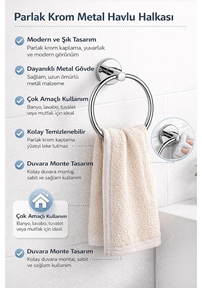Lexroo Yuvarlak Havlu Halkası Krom Kaplama, Duvara Monte Yuvarlak Banyo Havluluk Çok Renkli
