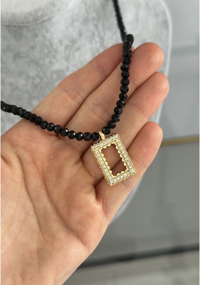 Siyah Kristal Boncuklu Gram Altınlık Kolye 60 Cm Çok renkli