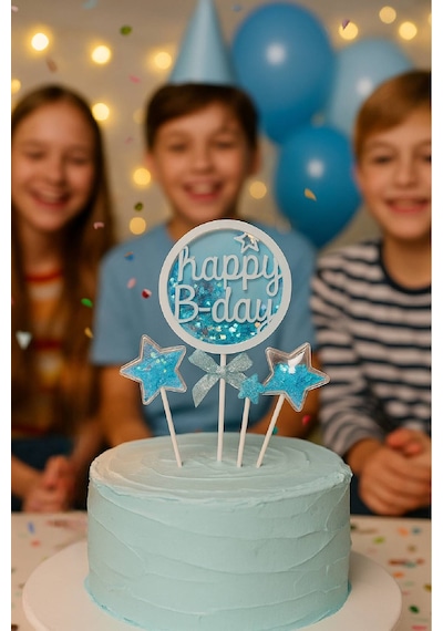 Happy B-day Mavi Simli Pasta Süsü 3 Lü Set Yıldızlı Şeffaf Jel Tasarım Doğum Günü Dekoru