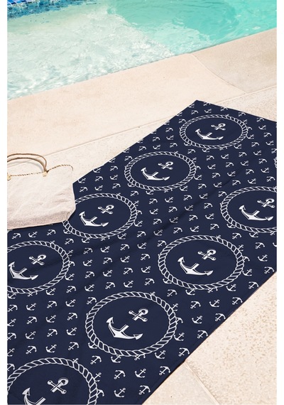 Çapa Marine Lacivert Plaj Havlu Örtüsu - Nautical Halat Motifli Hızlı Kuruyan Mikrofiber Havlu Örtü Çok Renkli