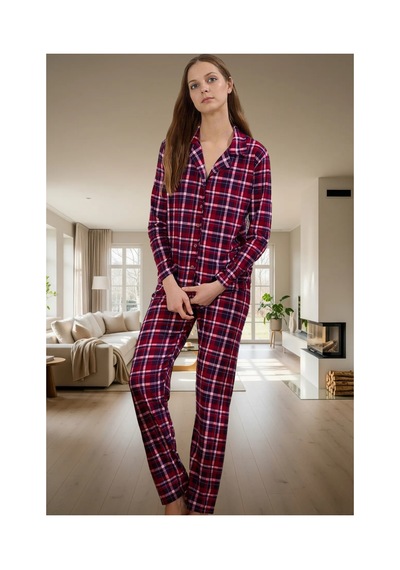 Ersefa Kadin Kirmizi Ekose Pijama Takımı Gömlek Yaka Uzun Kollu Fonksiyo bordo
