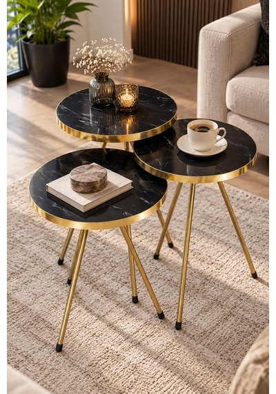 Sulorahome Siyah Mermer Desenli Gold Metal Zigon Sehpa Seti 3'lü