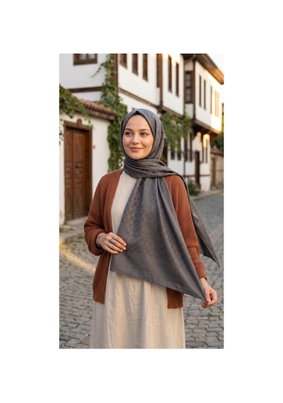 Nukra Pamuk Jakarlı Şal Halka Desen Kadın Tesettür Başörtüsü 70x190 Cm Füme