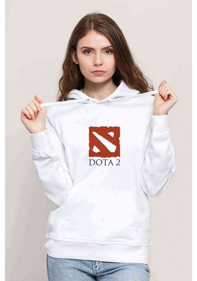 Dota Baskılı Beyaz Kadın Kapşonlu Sweatshirt