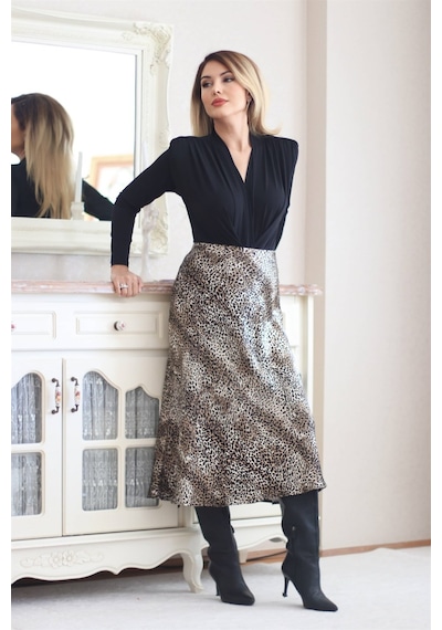 Ritnice Kadın Leopar Midi Saten Etek