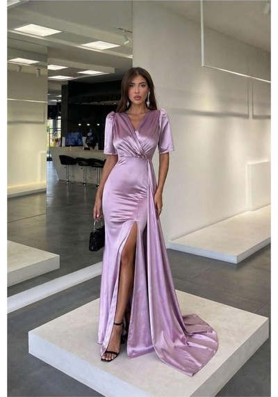 DefyModa Kadın Saten Kumaş Kruvaze Yaka Abiye Elbise Gülkurusu