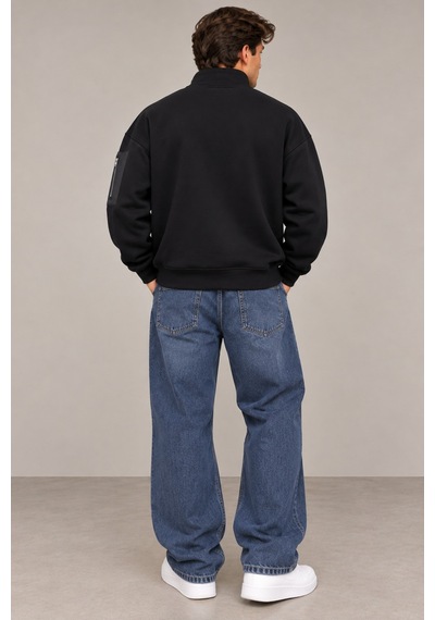 Tarz Cool Erkek Siyah Oversize Sweatshirt Yarım Fermuarlı Dik Yaka Kol Cepli 3 İplik Şardonlu Kışlık Sweat