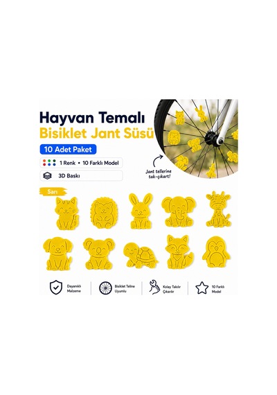 Hayvan Temalı Bisiklet Jant Süsü 20 Parça 2 Renk 10 Farklı Model Mor-sarı
