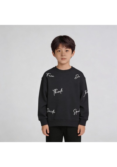 King-Brich Bisiklet Yaka Nakışlı Oversize Kalıp Çocuk Sweatshirt SIYAH