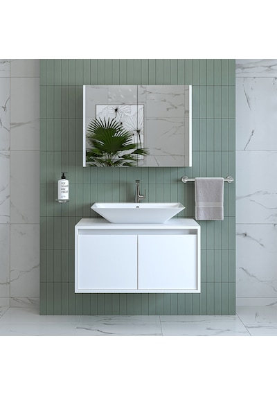 Banos Banyo Roomart Tm7.2 Mat Beyaz Mdf 85 Cm Banyo Dolabı + Ayna Mat Beyaz